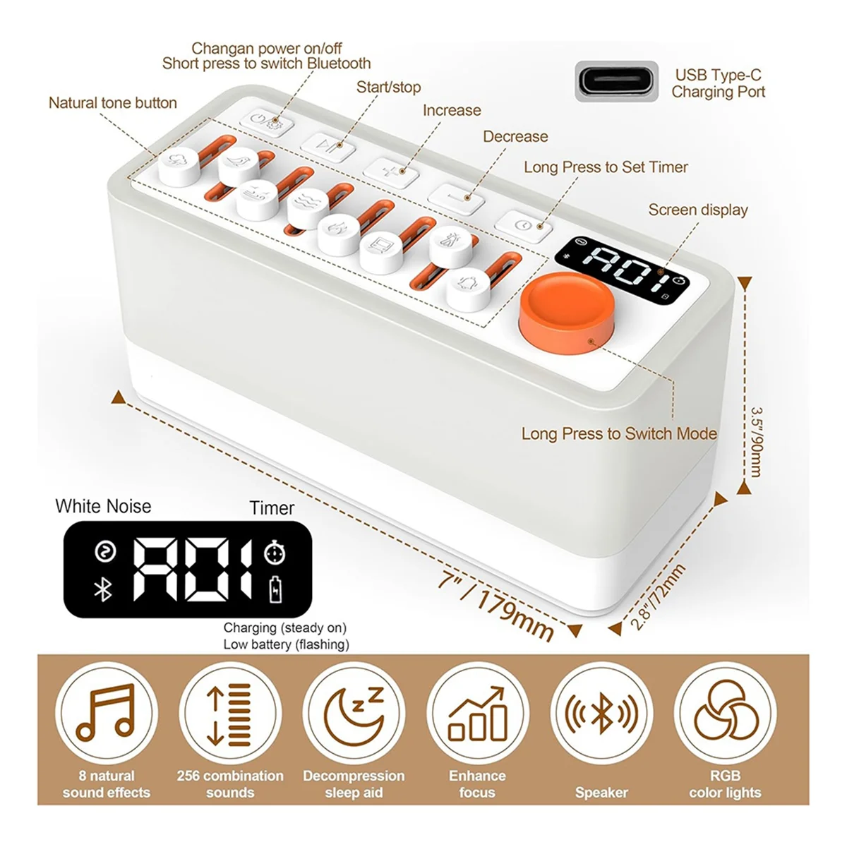 BABQ White Noise Sleep Sound Machine with 8 Nature Sounds, Portable Bluetooth Speaker, 12 Colors Night Lights