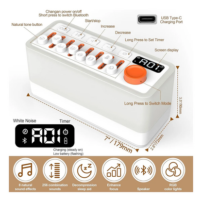BABQ White Noise Sleep Sound Machine with 8 Nature Sounds, Portable Bluetooth Speaker, 12 Colors Night Lights